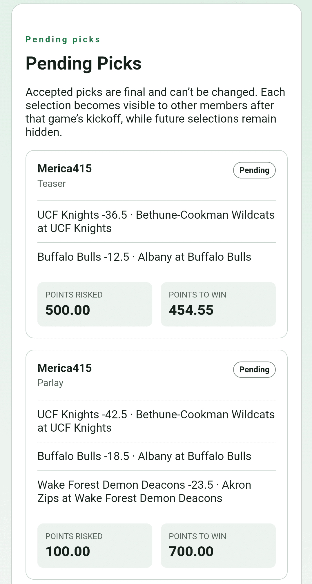 Pending Picks view showing submitted football picks