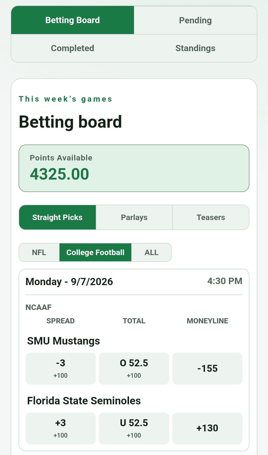 myfbpool Betting Board showing available football games and lines