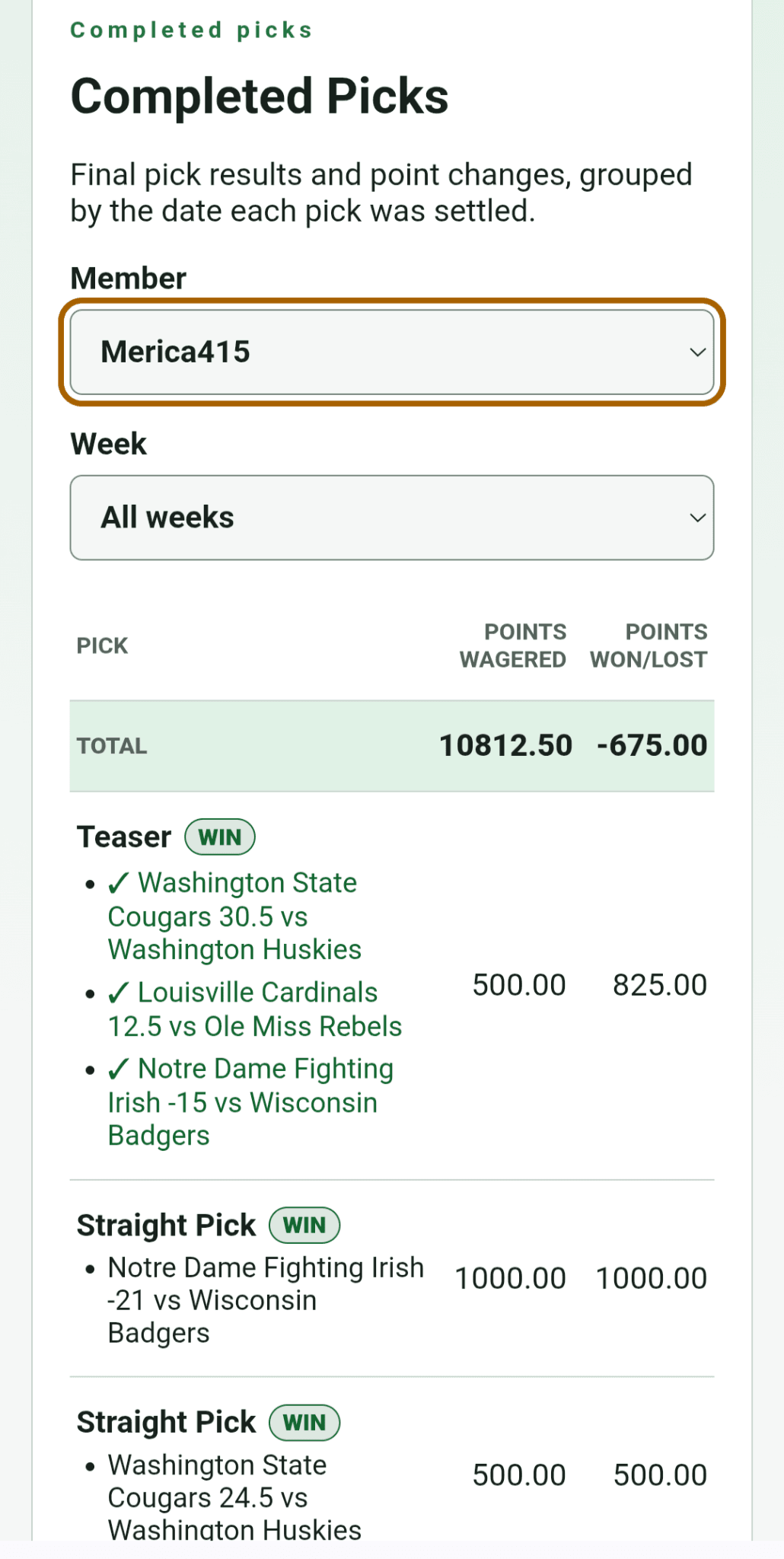 Completed Picks screen showing graded picks and virtual point results