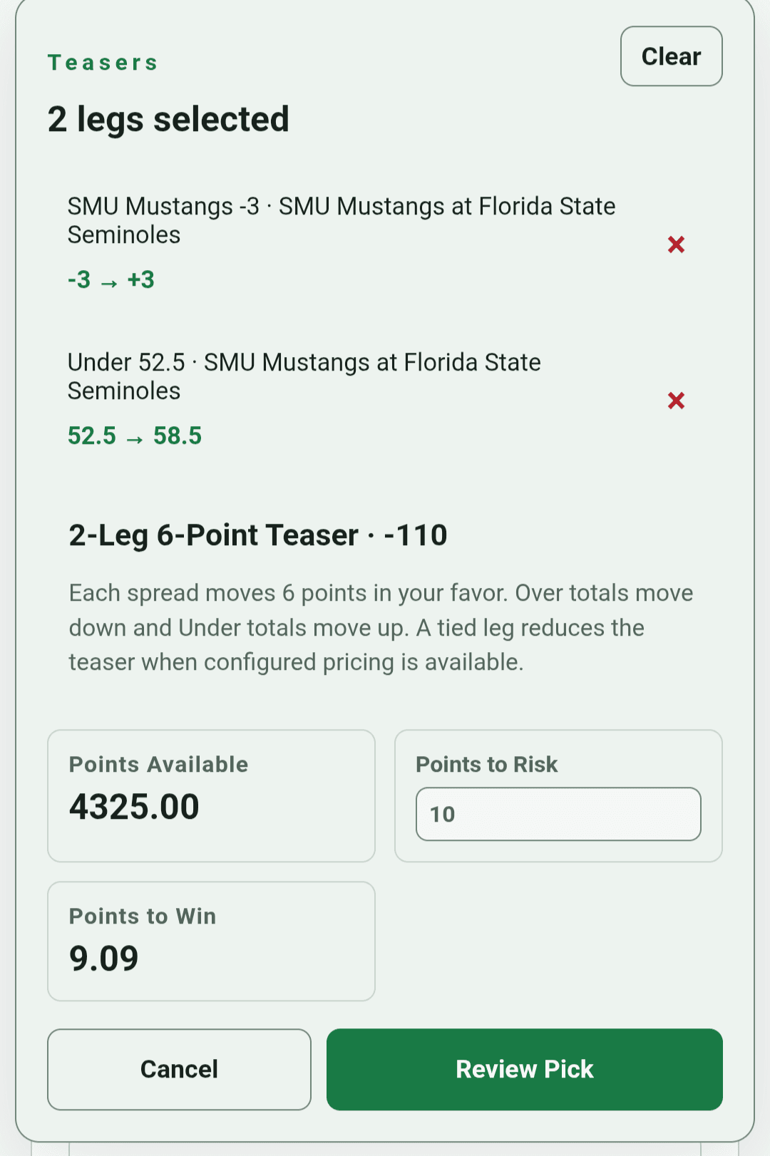 myfbpool pick slip for entering sportsbook-style football picks
